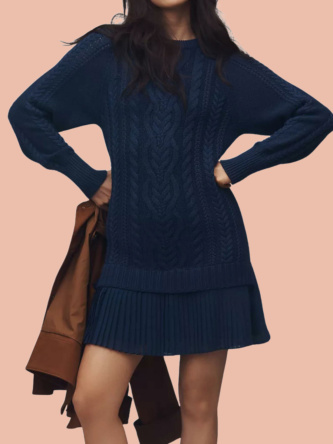 Women's Crewneck Cable Knit Sweater Mini Dress