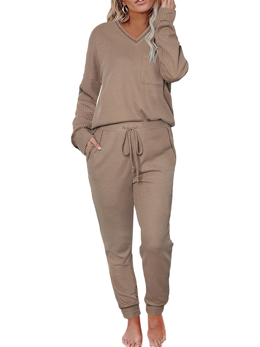 Women's V Neck Waffle Knit Two Piece Lounge Sets