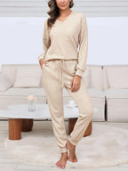 Women's V Neck Waffle Knit Two Piece Lounge Sets