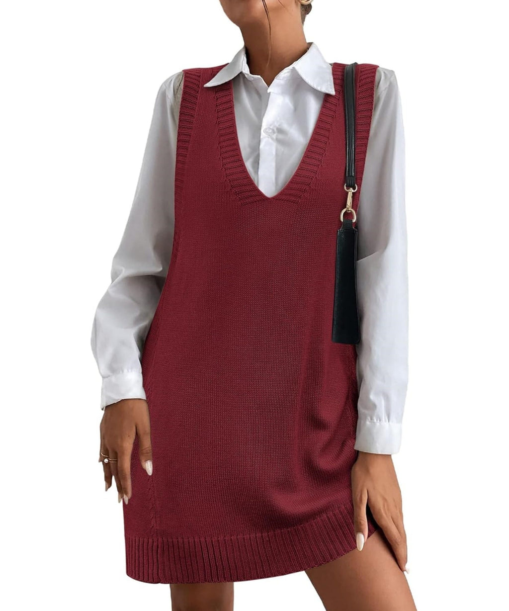 Women's V-Neck Sweater Vest Dress with Pockets
