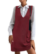 Women's V-Neck Sweater Vest Dress with Pockets
