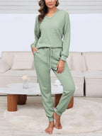 Women's V Neck Waffle Knit Two Piece Lounge Sets
