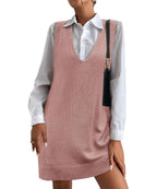 Women's V-Neck Sweater Vest Dress with Pockets