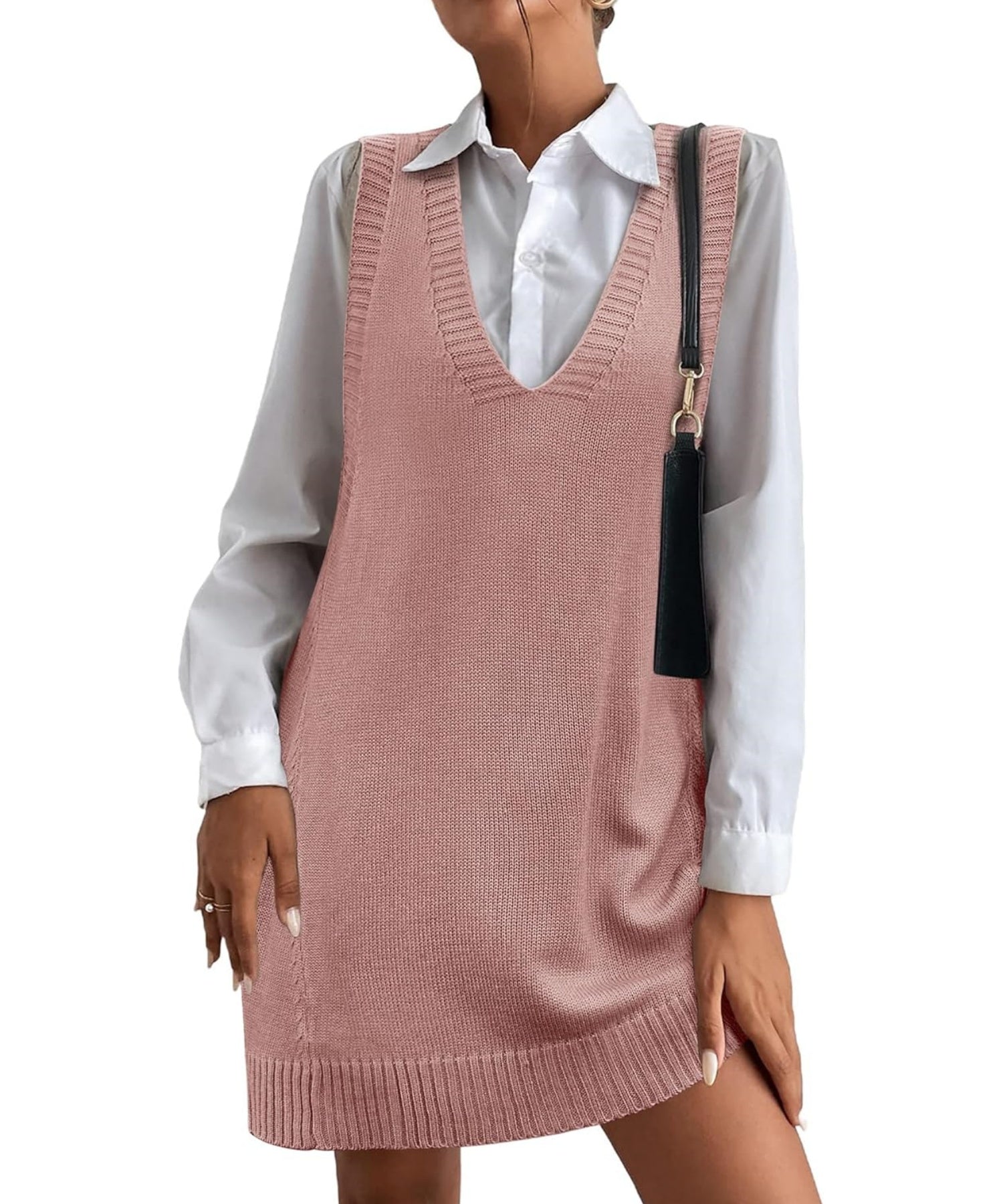 Women's V-Neck Sweater Vest Dress with Pockets