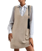Women's V-Neck Sweater Vest Dress with Pockets