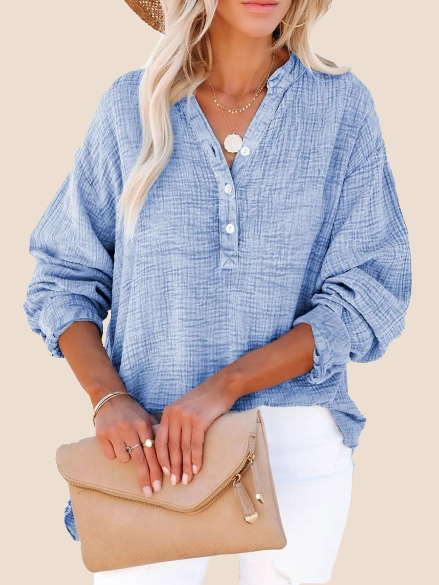 Women's Casual V-Neck Gauze Blouse