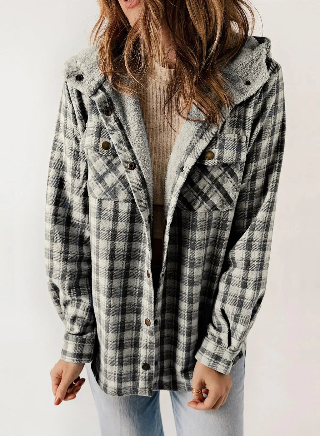 Women's Flannel Plaid Fleece Hooded Jacket