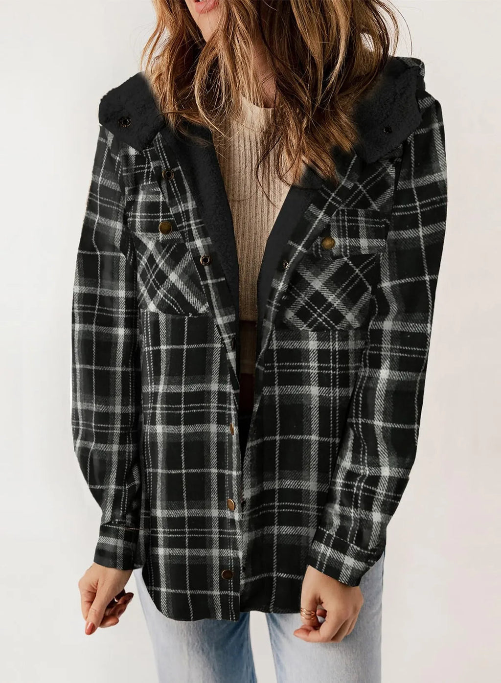 Women's Flannel Plaid Fleece Hooded Jacket