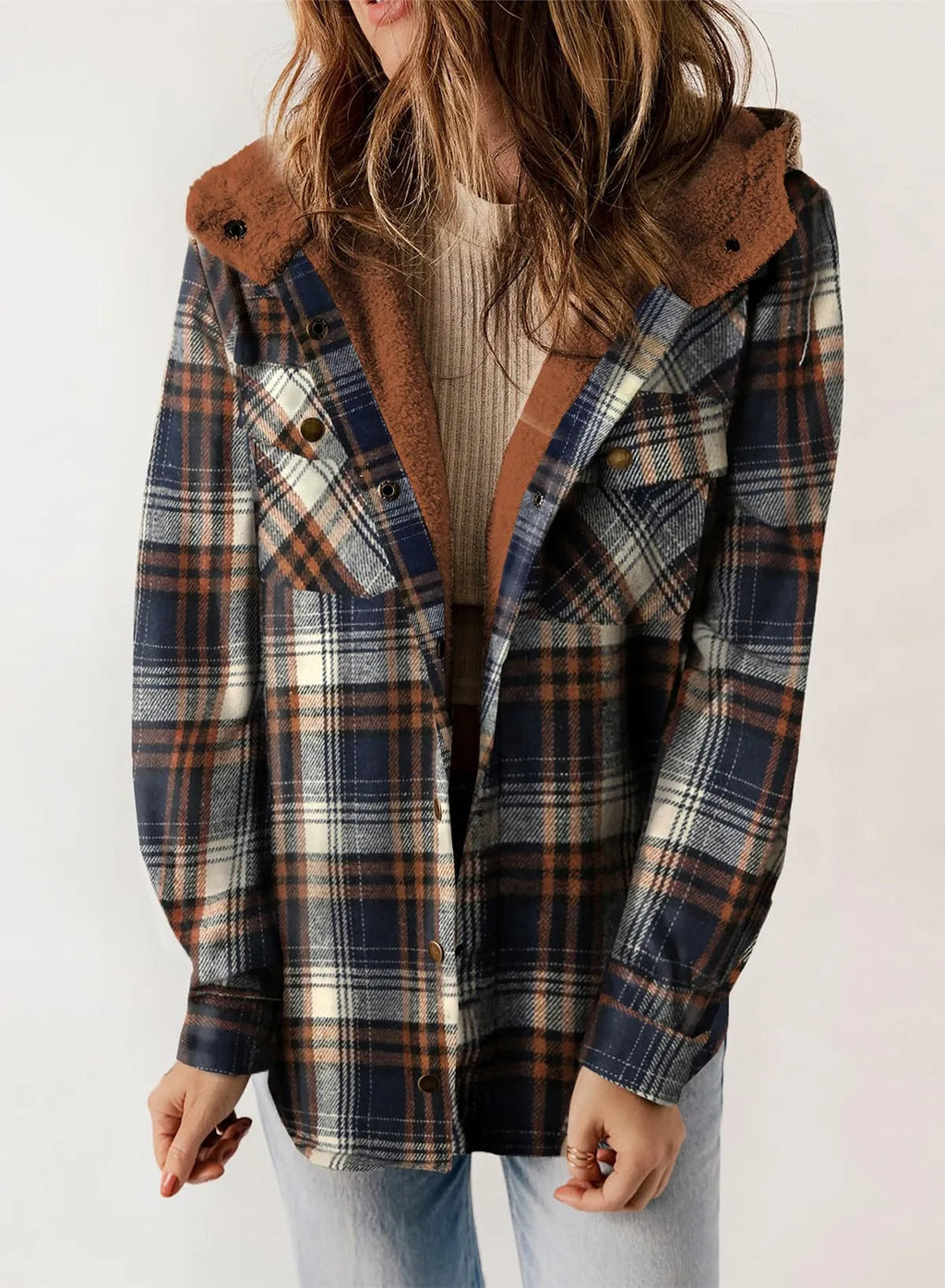 Women's Flannel Plaid Fleece Hooded Jacket