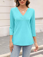Women's 3/4 Length Sleeves V Neck Basic Tops