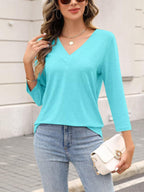 Women's 3/4 Length Sleeves V Neck Basic Tops
