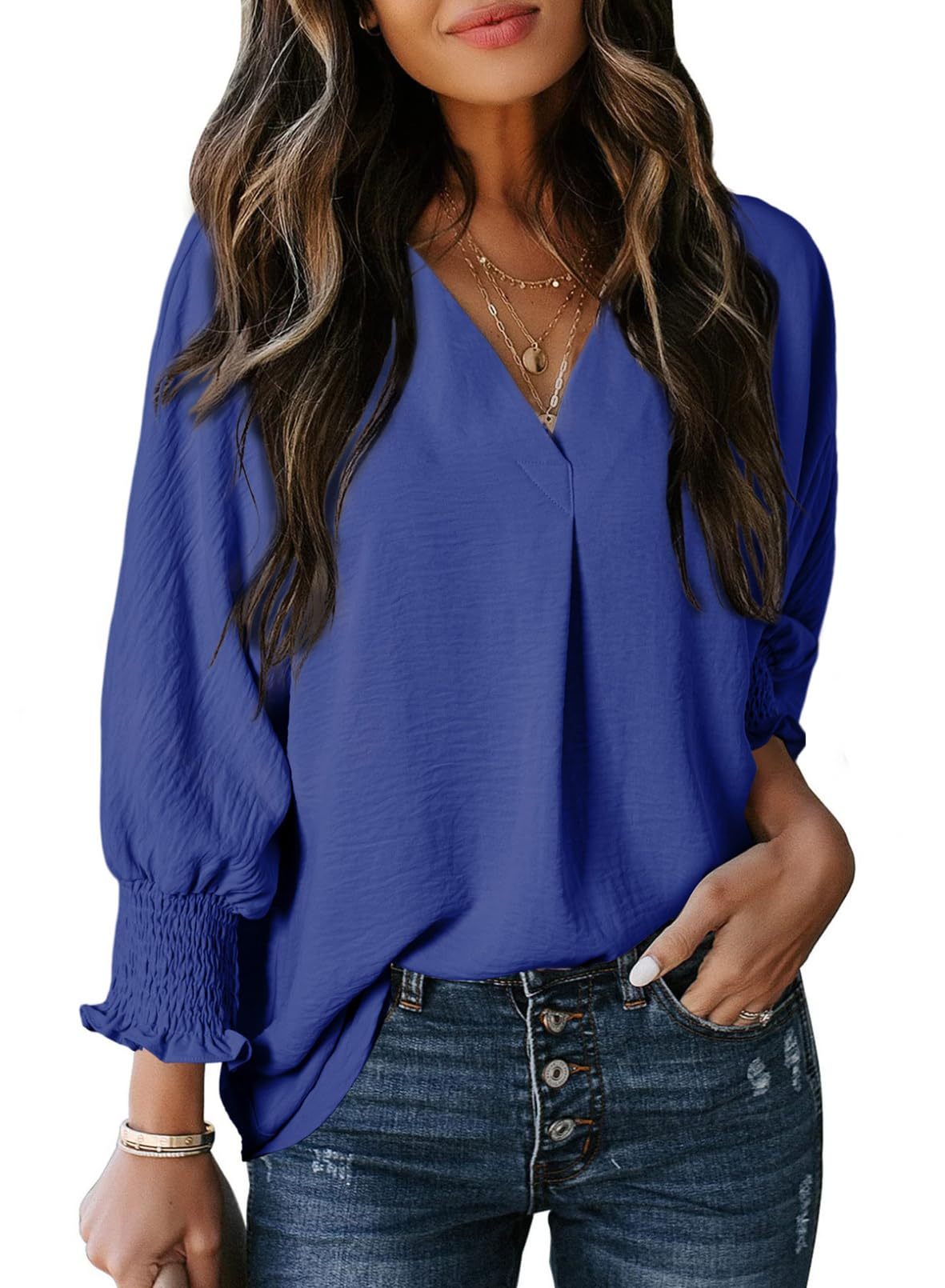 Women's Casual 3/4 Sleeve V Neck Basic Tops