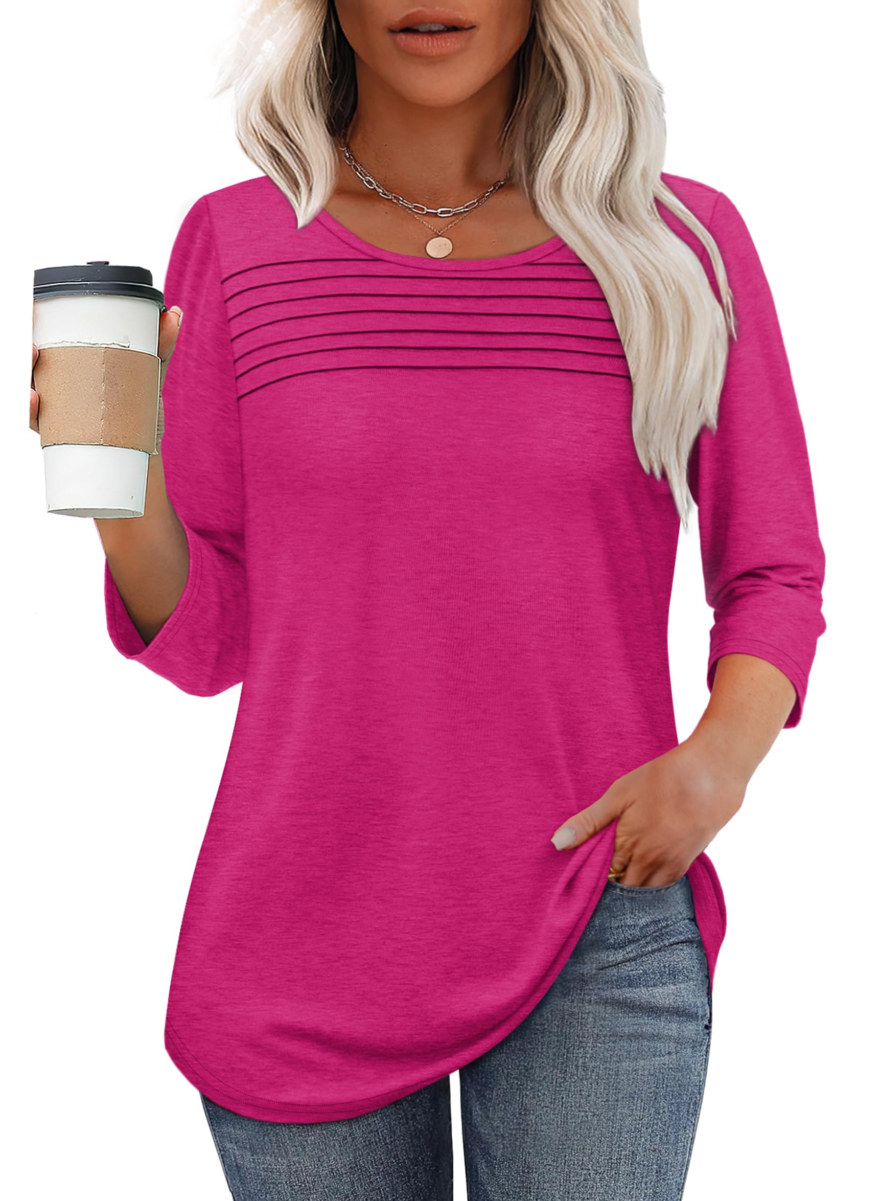 Women's 3/4 Length Sleeve Top Pleated Front T-Shirt