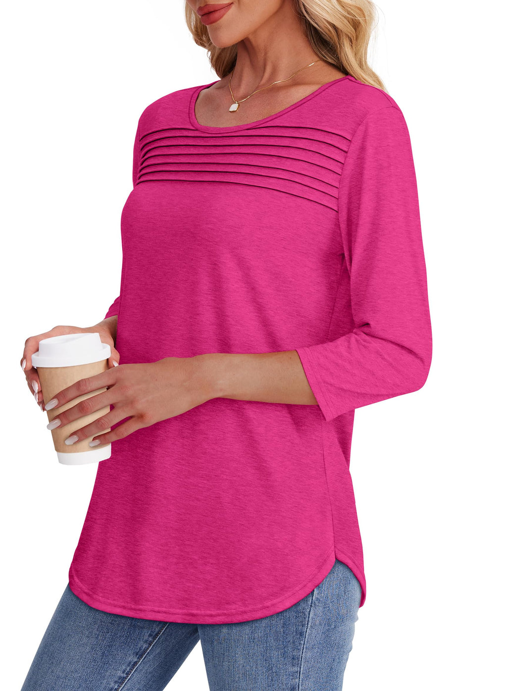 Women's 3/4 Length Sleeve Top Pleated Front T-Shirt