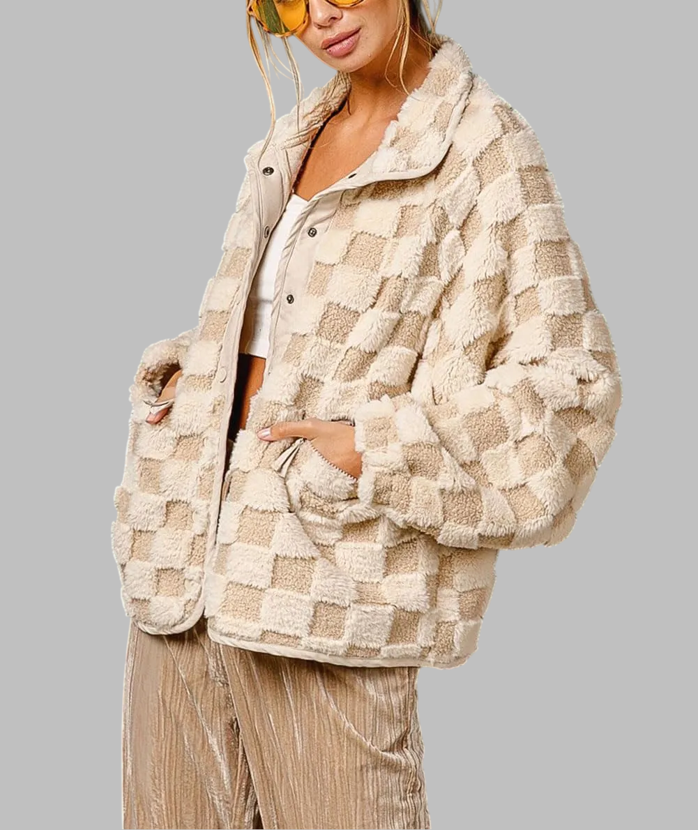 Women's Winter Casual Checkered Fleece Sherpa Jacket