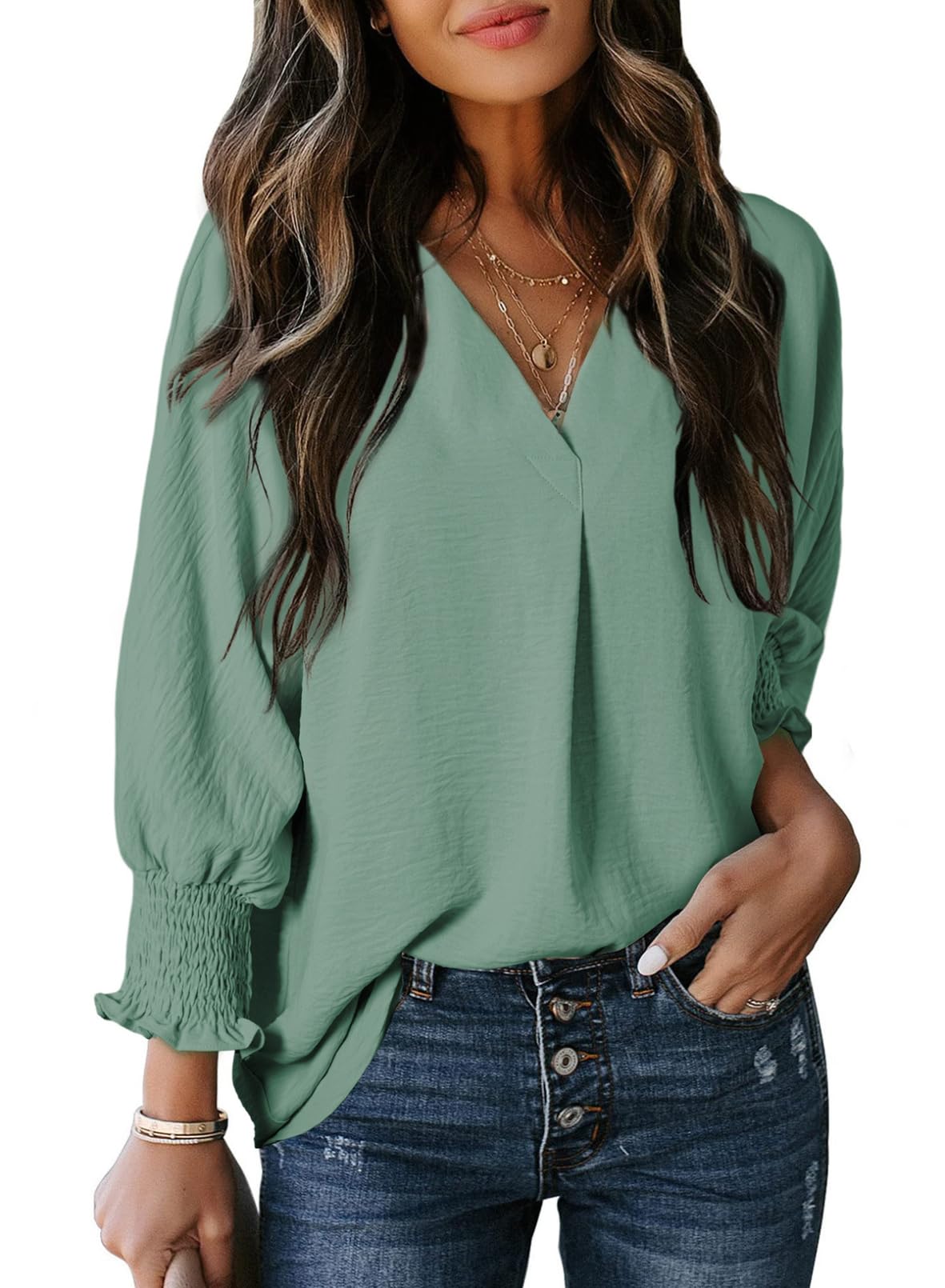 Women's Casual 3/4 Sleeve V Neck Basic Tops