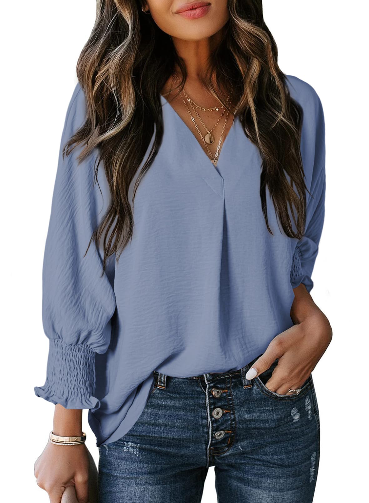 Women's Casual 3/4 Sleeve V Neck Basic Tops