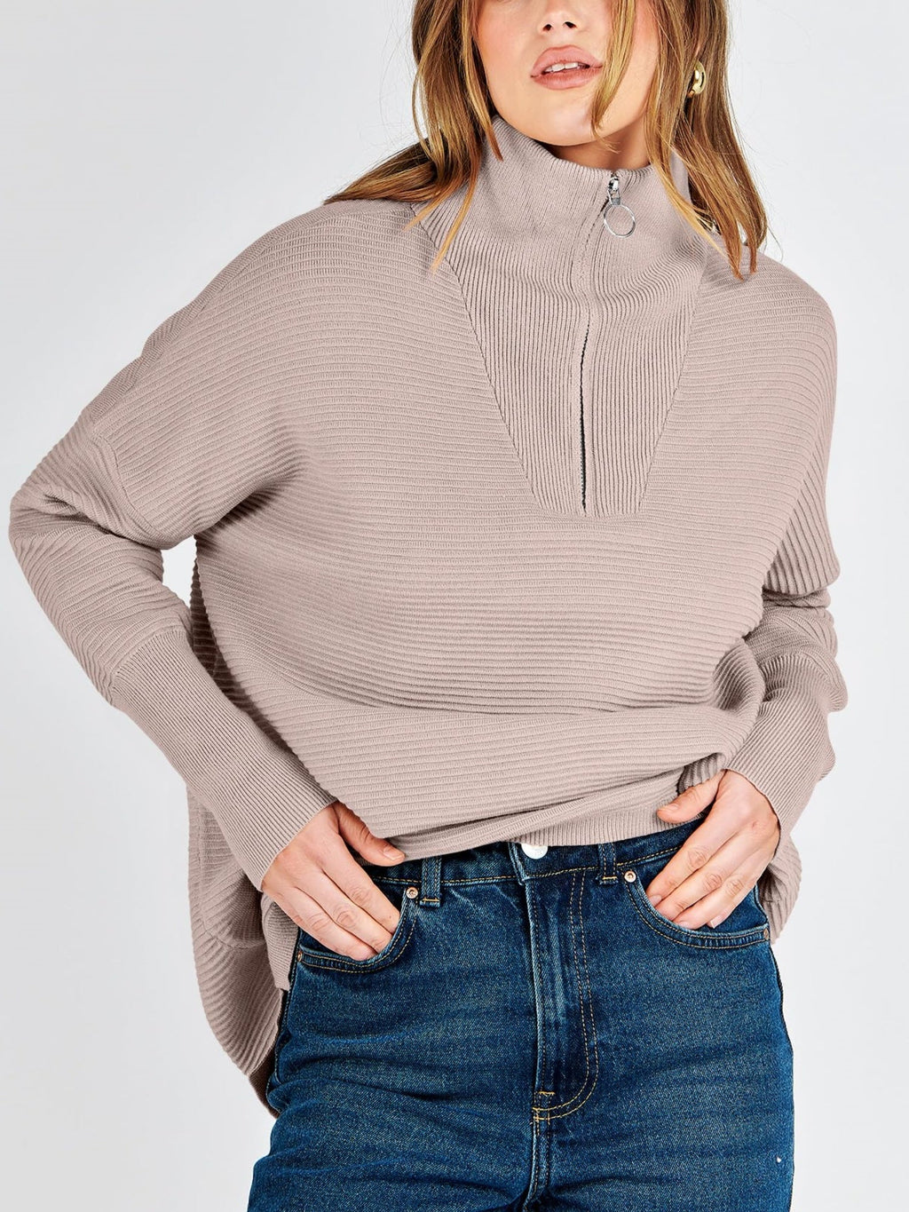 Women's Quarter Zip Rib Knit Cozy Pullover Sweaters
