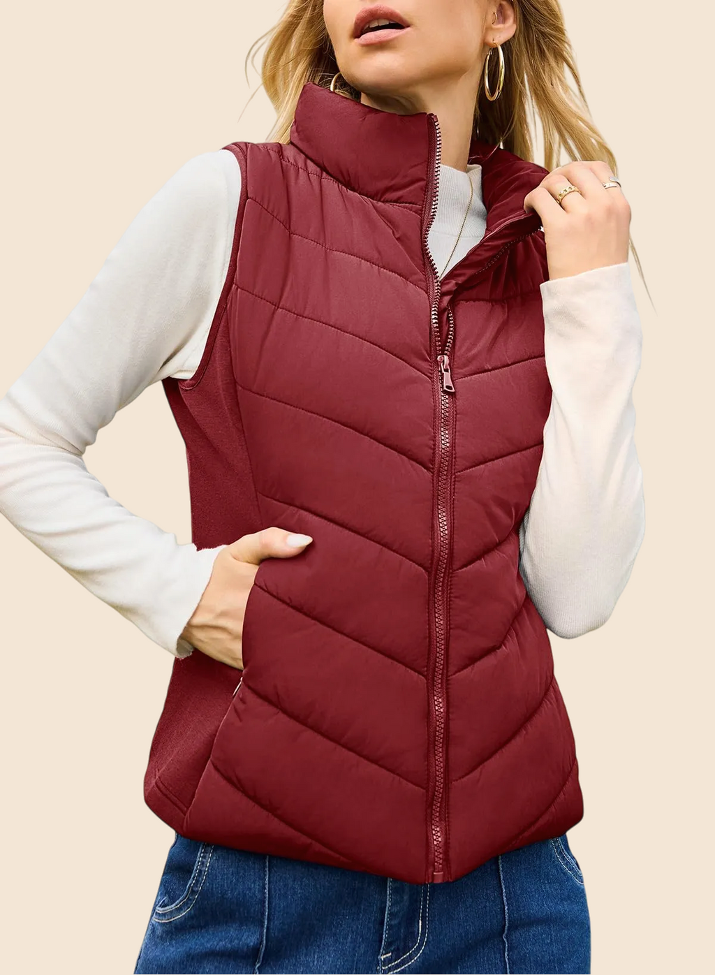 Women's Sleeveless Zip Up Stand Collar Quilted Puffer Vest