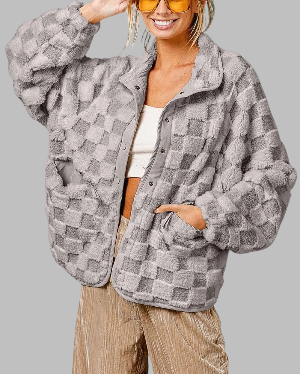 Women's Winter Casual Checkered Fleece Sherpa Jacket