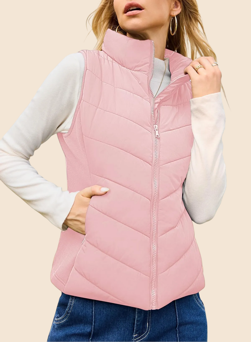 Women's Sleeveless Zip Up Stand Collar Quilted Puffer Vest