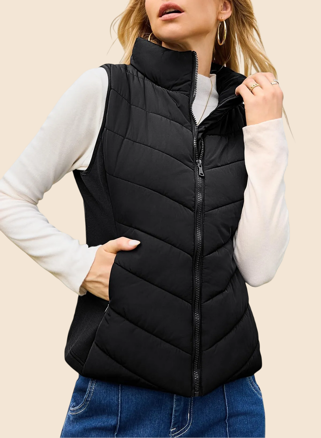 Women's Sleeveless Zip Up Stand Collar Quilted Puffer Vest