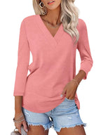Women's 3/4 Length Sleeves V Neck Basic Tops