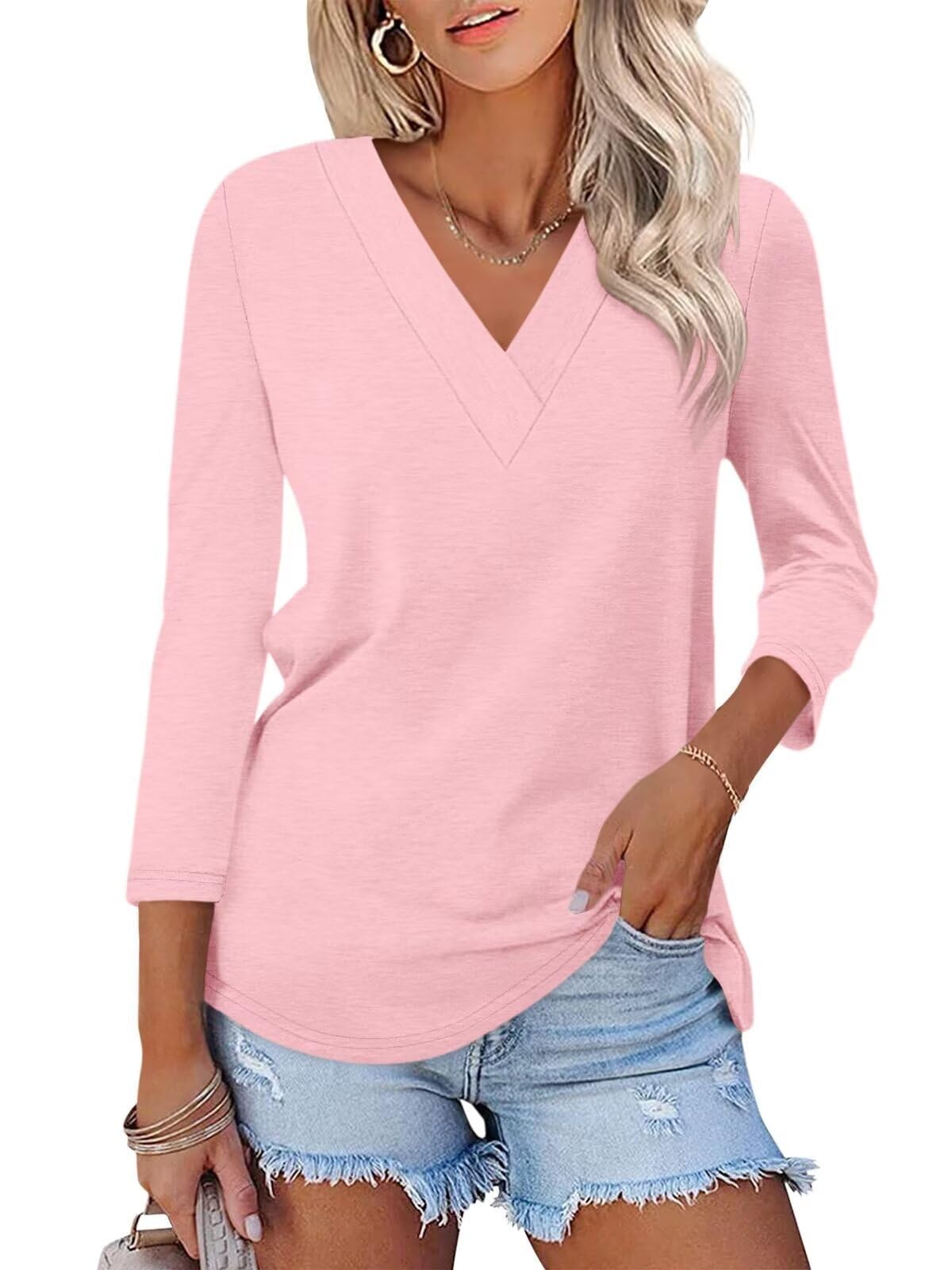 Women's 3/4 Length Sleeves V Neck Basic Tops