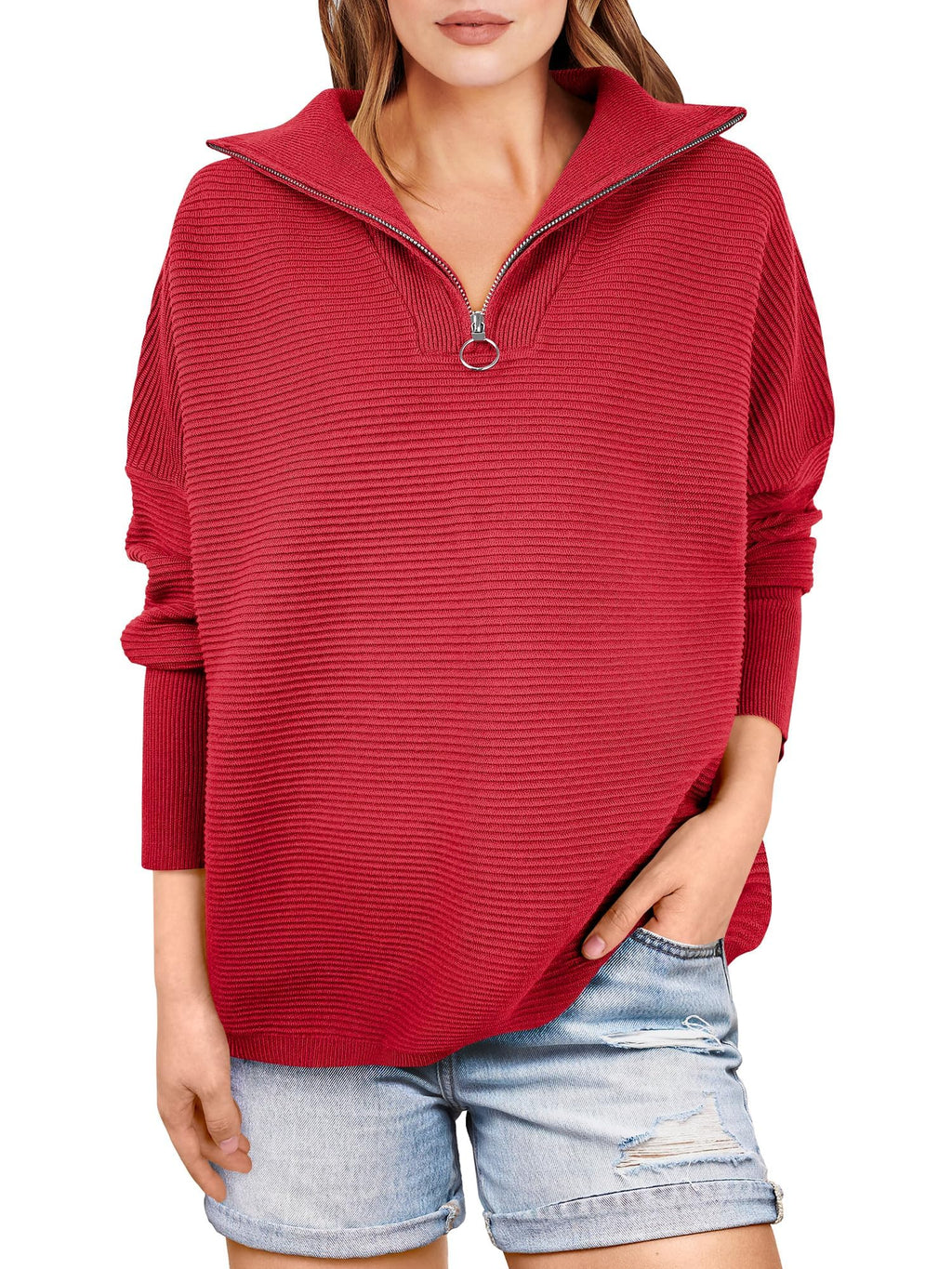 Women's Quarter Zip Rib Knit Cozy Pullover Sweaters