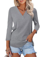 Women's 3/4 Length Sleeves V Neck Basic Tops