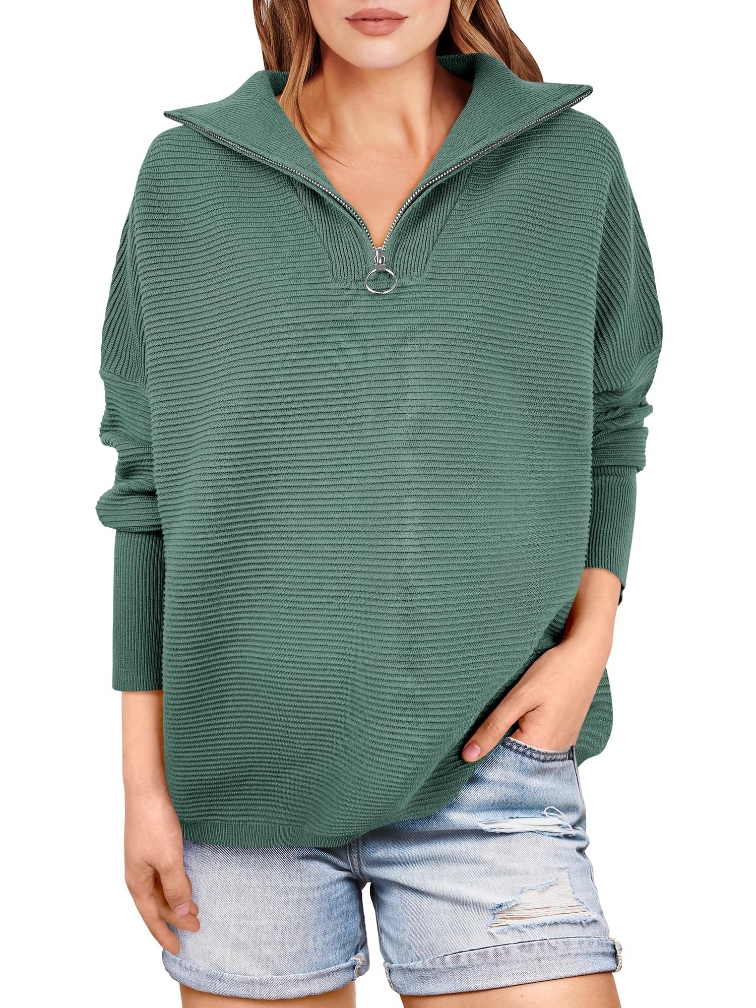 Women's Quarter Zip Rib Knit Cozy Pullover Sweaters