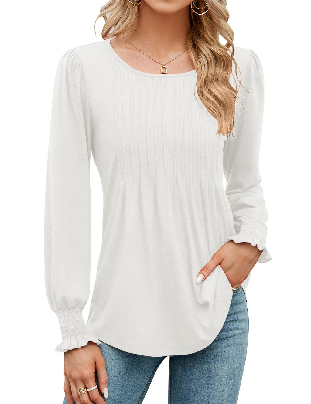 Women's Pleated Puff Long Sleeve Tunic Tops