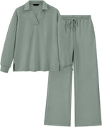 Women's Lapel V Neck Textured Lounge Sets