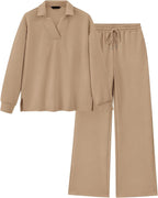 Women's Lapel V Neck Textured Lounge Sets