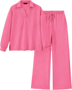 Women's Lapel V Neck Textured Lounge Sets