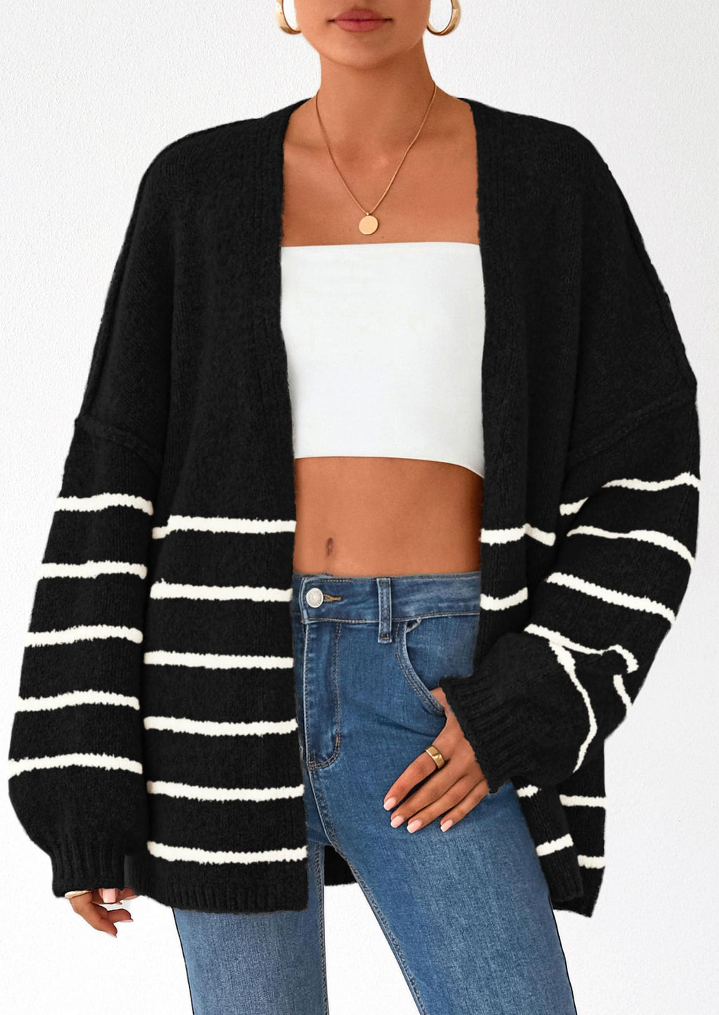 Women's Oversized Balloon Sleeve Striped Cardigan