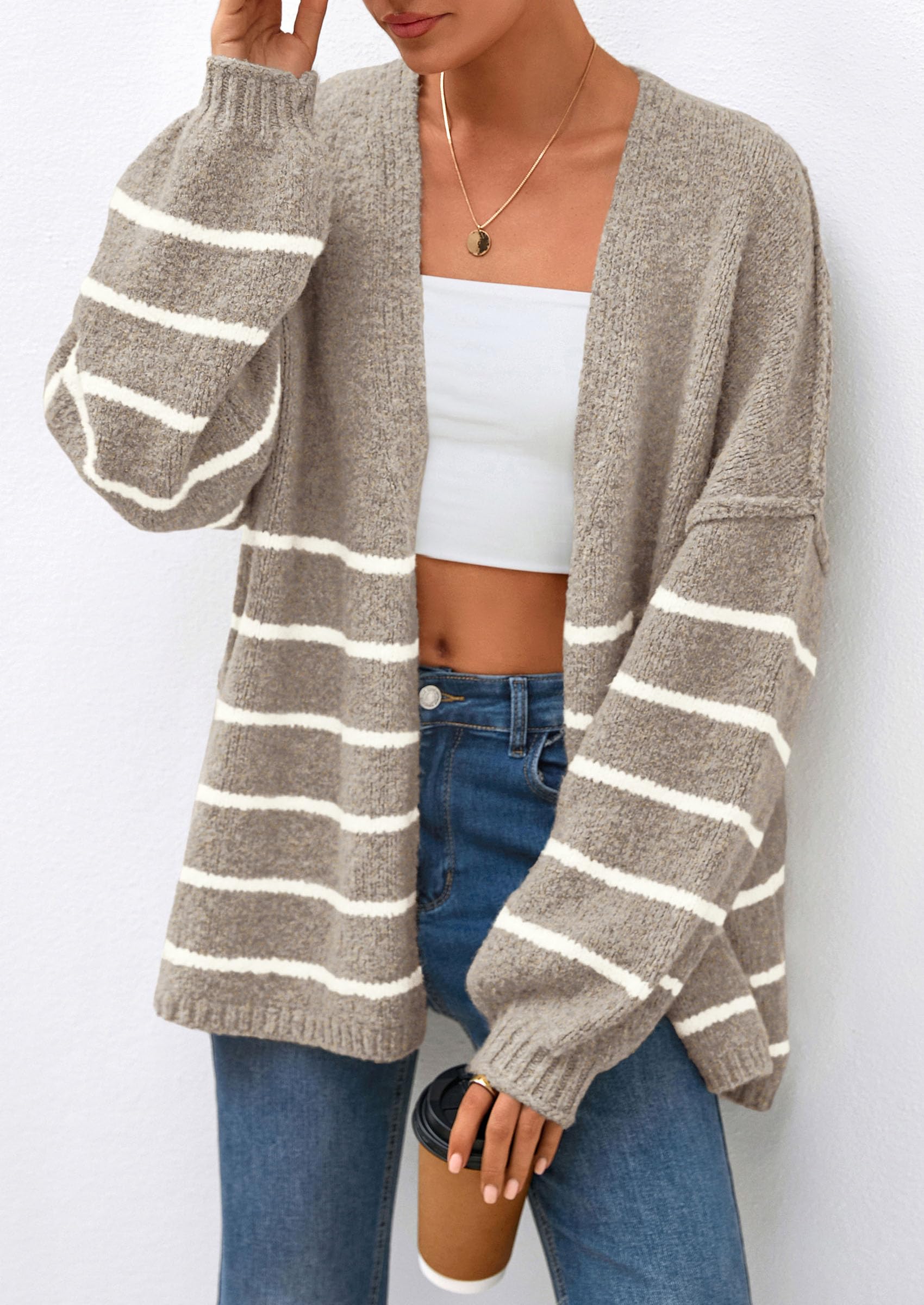 Women's Oversized Balloon Sleeve Striped Cardigan