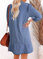 Women's V-Neck Puff Sleeve Denim Layered Dress