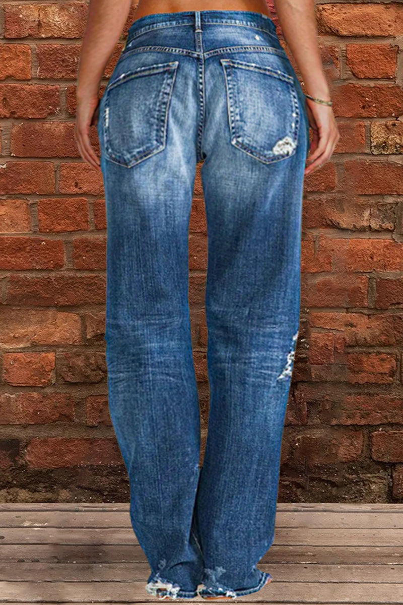 Ripped Low Waist Straight Leg Jeans