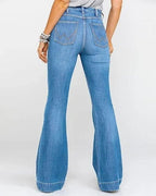 Ladies Flared High Waist Denim Button Stretch Trousers