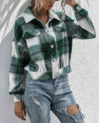 Women's Flannel Plaid Button Down Cropped Jacket