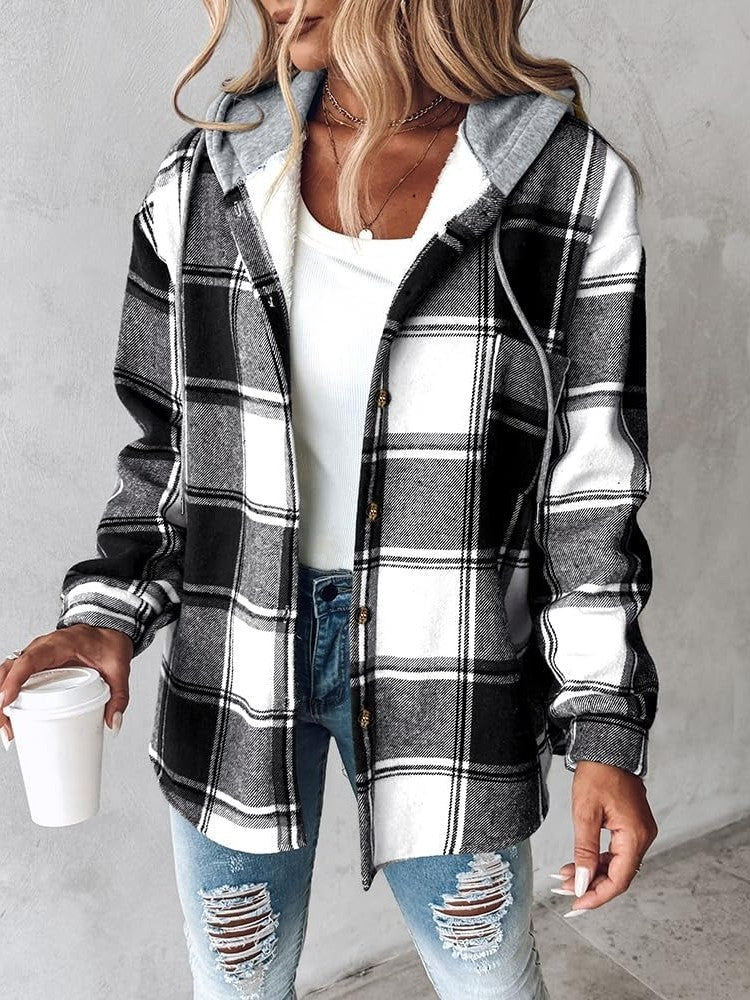 Women's Plaid Button Down Fleece Lined Hooded Jackets