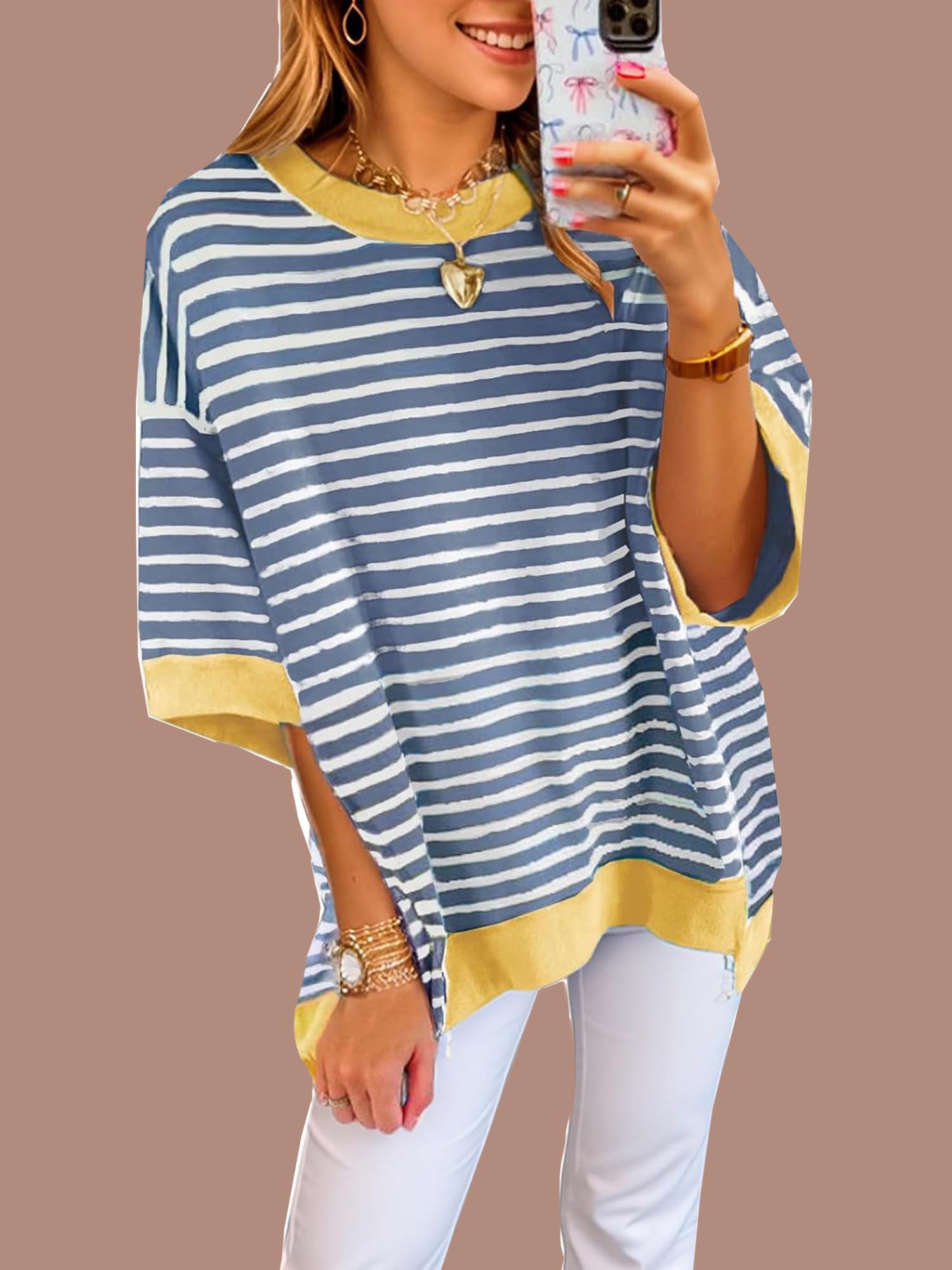 Women's Oversized Striped Color Block Half Sleeve Tops