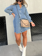 Button Denim Bubble Sleeve Dress