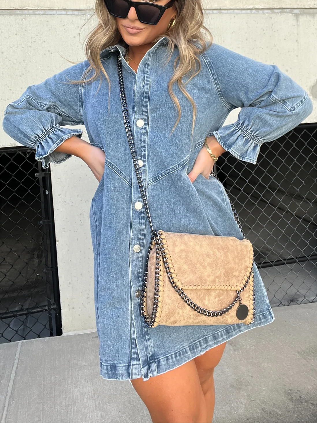 Button Denim Bubble Sleeve Dress