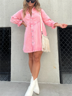 Button Denim Bubble Sleeve Dress