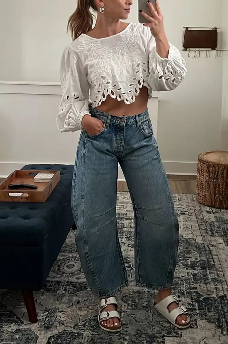 High Stretch Mid-Rise Barrel Jeans Fashion Wide Leg Shape