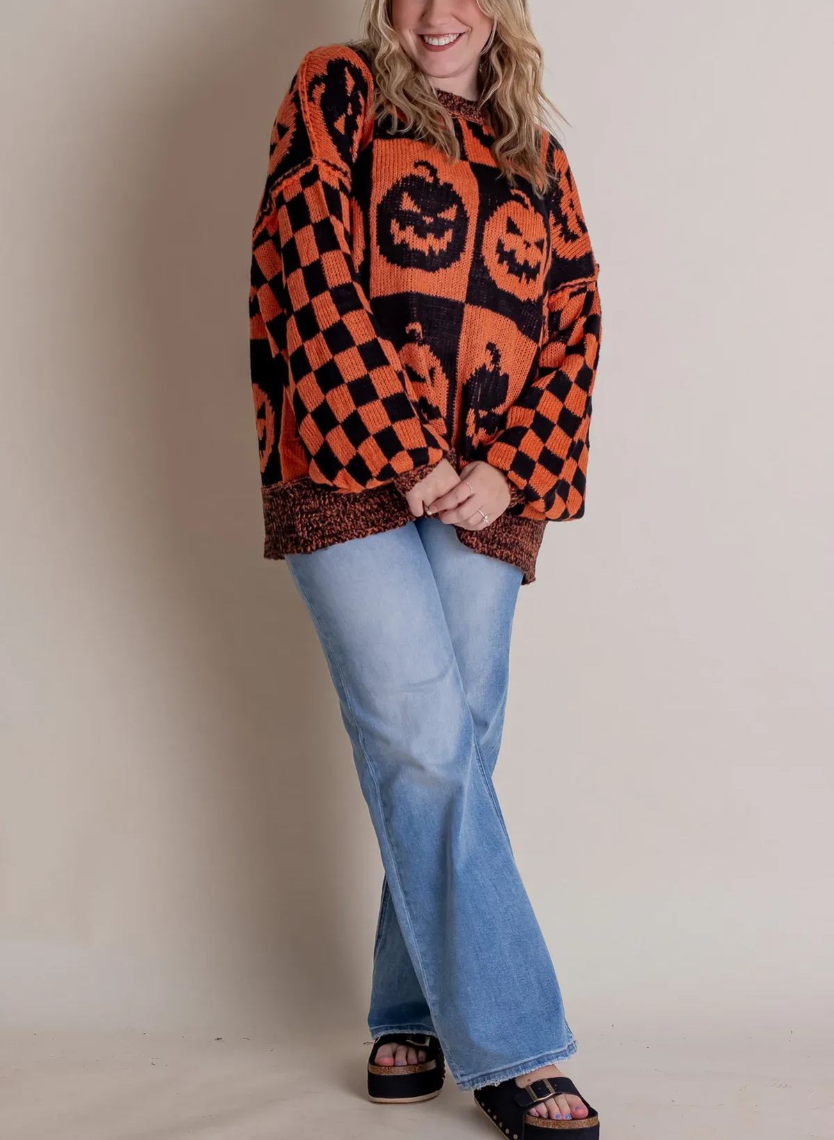 Women's Halloween Checkered Sweater - Spooky Season