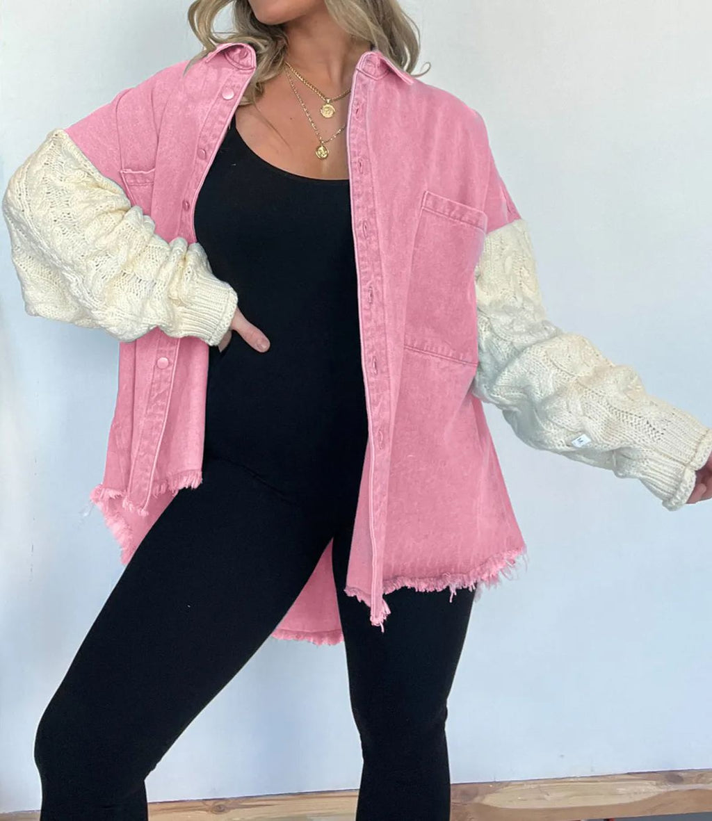 Cozy Sweater Sleeve Denim Shacket