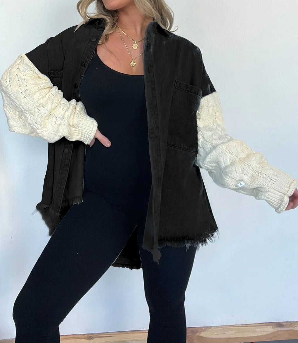 Cozy Sweater Sleeve Denim Shacket